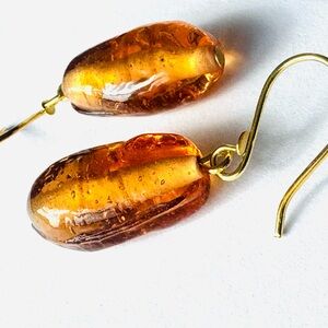 “Cold Honey” Amber and Gold Artisan Glass Drop Earrings - one of a kind NWT